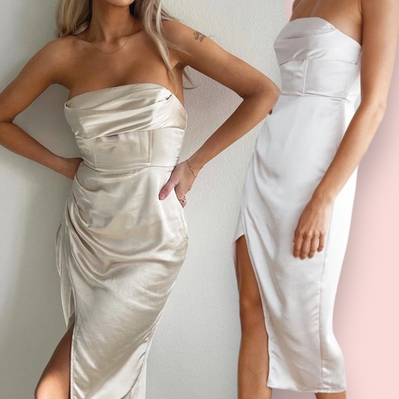 Selfie Leslie DOLCE VITA COWL BUST SATIN CHIC STRAPLESS MIDI DRESS CHAMPAGNE - Picture 1 of 13